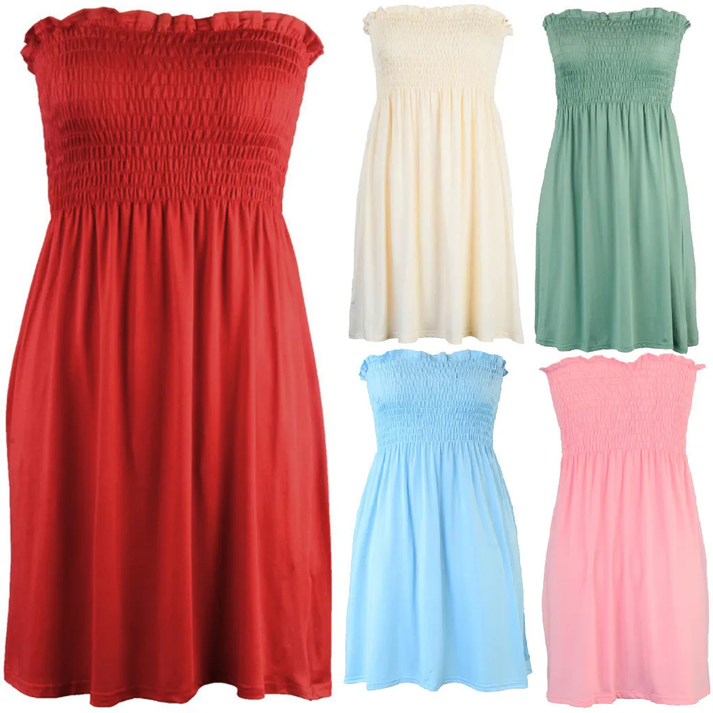 

Sexy Women Summer Strapless Dress Pink Green Ruffle Sleeveless Solid Sleeveless Dress Party Women's Sundress
