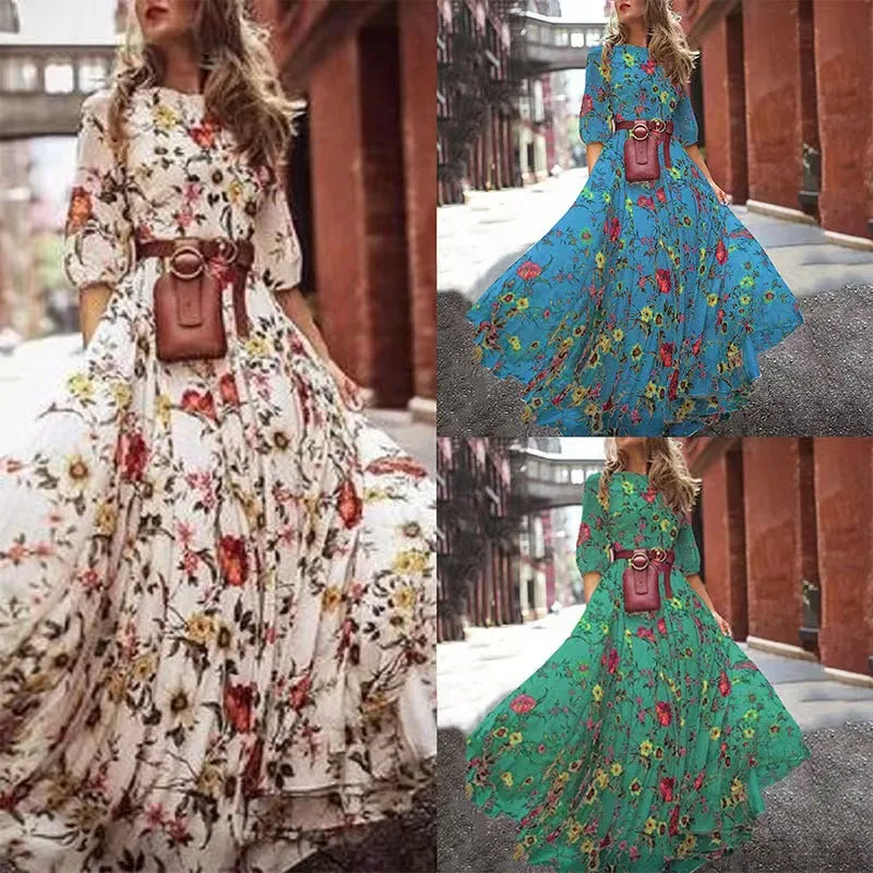 2023 French Commuter Style Vintage Swing Shape Round Neck Floral Dress Print Long Dress 2023 French Commuter Style Vintage Swing Shape Round Neck Floral Dress Print Long Dress