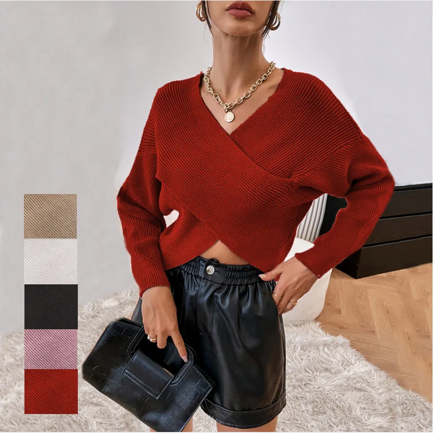 

2022 Europe and America Autumn and Winter New V-neck Cross exposed navel pullover sweater coat