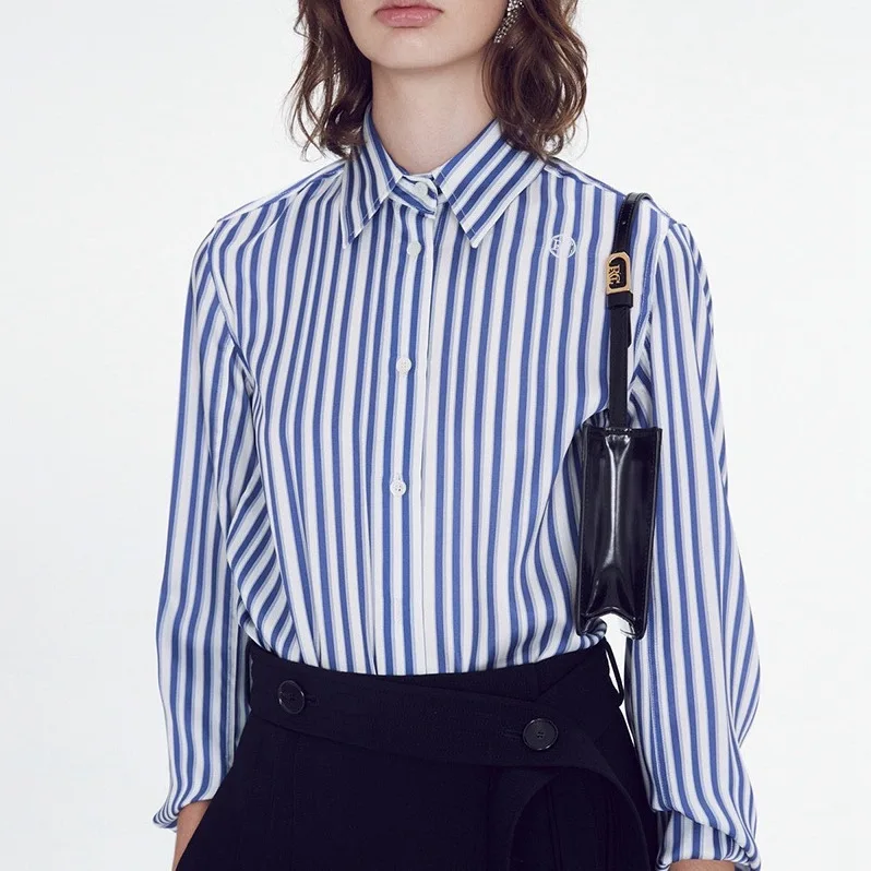 

23 Early spring niche design loose embroidered blue and white striped shirt for women