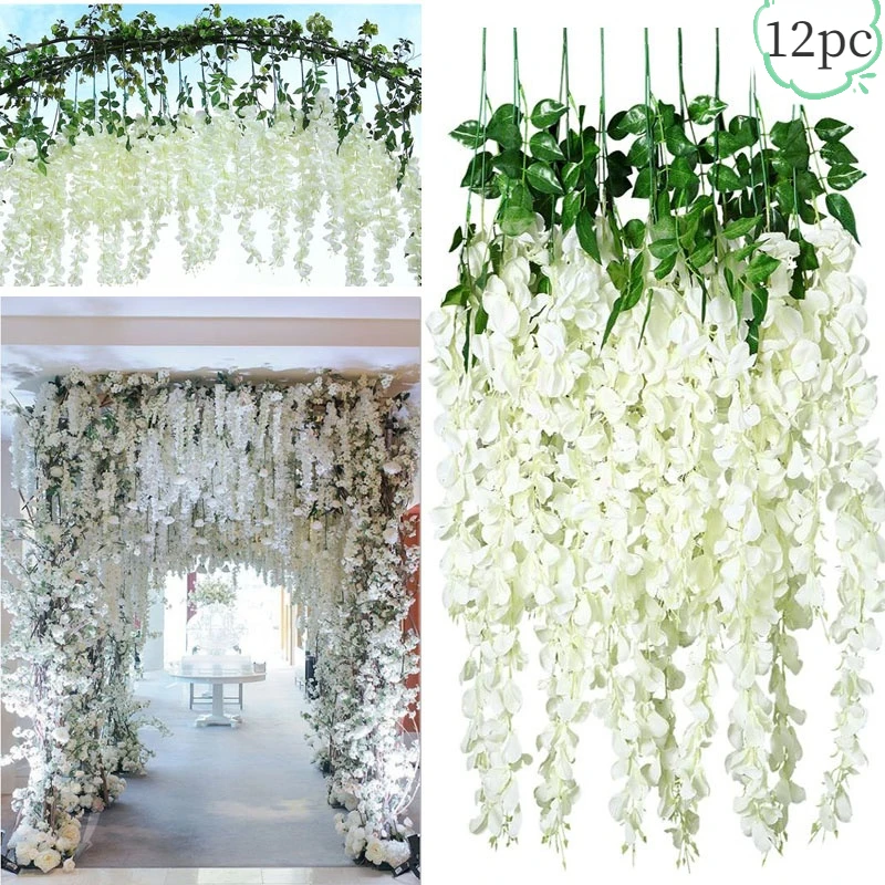 

12Pcs 45inch Artificial Wisteria Flowers Fake Wisteria Vine Ratta Hanging Garland Silk Flowers String Home Party Wedding Decor