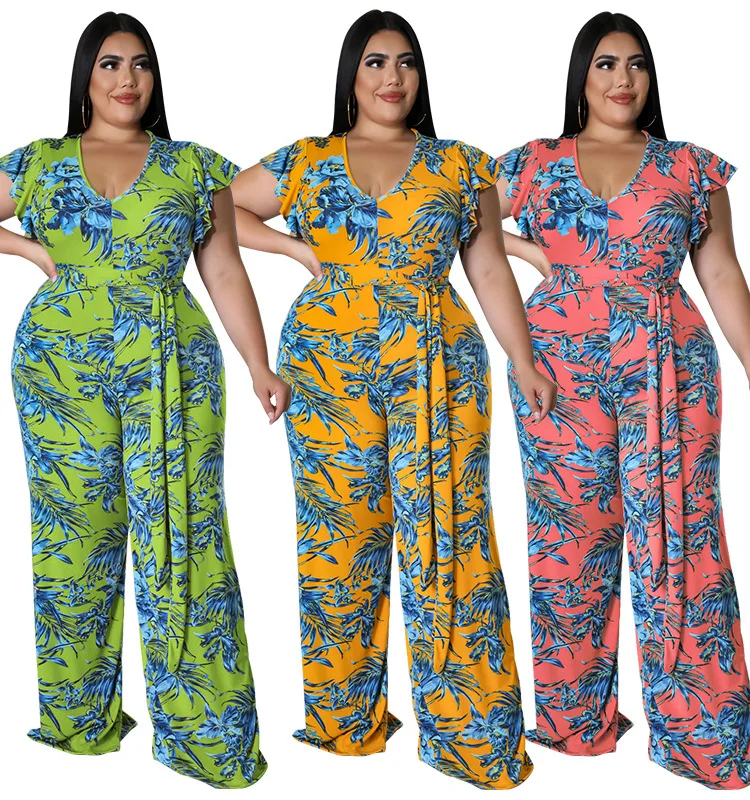 Women Jumpsuits 2022 Sleeveless V-Neck Boho Floral Print Wide Leg Long Pants Rompers African Ladies Strap Plus Size Trousers