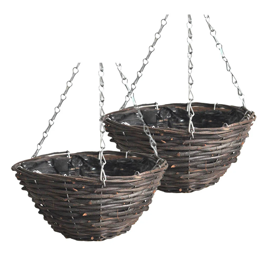 

2 PCS Rattan Flower Pot Planting Basket Arrangement Hanging Flowerpot Handmade Succulent Planter Wooden Rustic Outdoor Planters