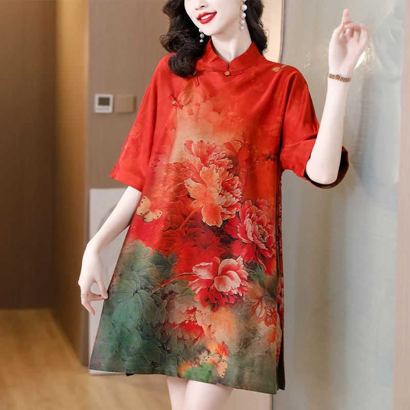 

Женское платье в китайском стиле, свободное платье для матери, весна-лето