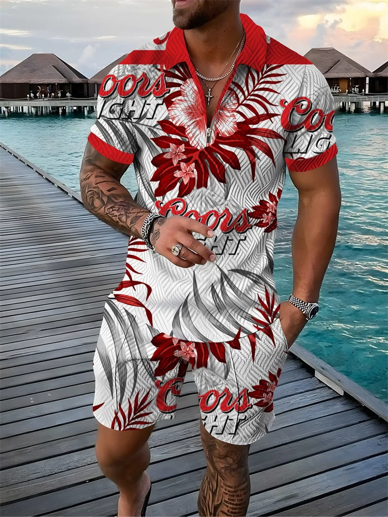 New Men Sportswear 2-piece Hawaiian Style 3D Printed Polo Shirt T-shirt And Shorts Casual Men's Clothing Zipper Polo Shirt Suit
