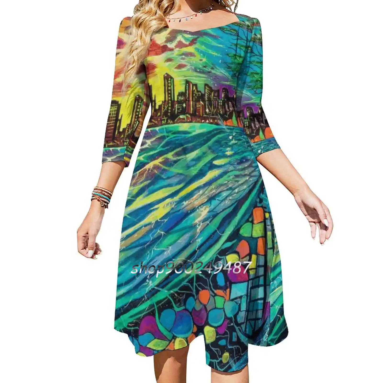 Город цветов Vancouver Милое расклешенное платье с узлом модный дизайн свободное