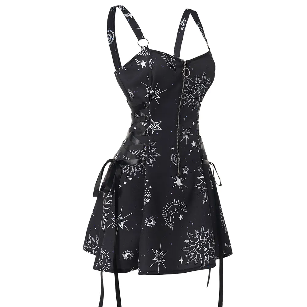 

Dressfo Sun Star Print Women Casual Dress Half Zipper Lace Up High Waisted Strap Tank Robe Summer Sleeveless Mini Gothic Dresses