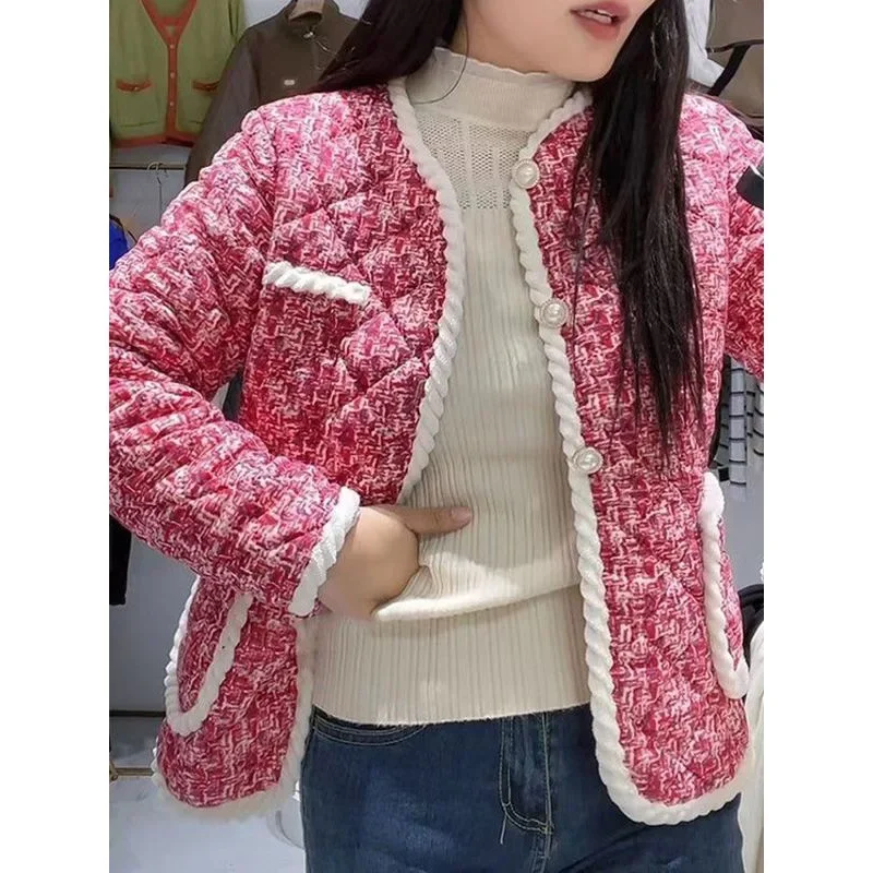 Модная твидовая женская стеганая куртка укороченное хлопковое пальто на