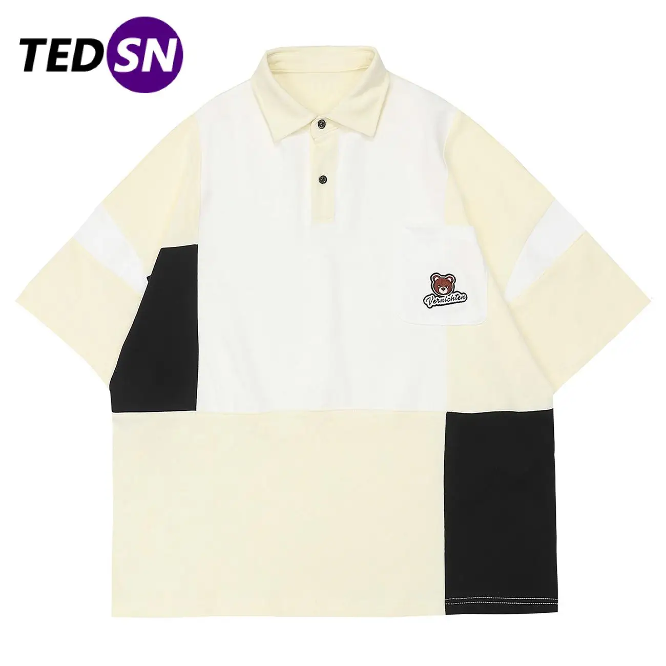 

TEDSN 2022ss Color Block Polo Oversized Short Sleeve T Shirt Men Women Tshirt Unisex Harajuku Streetwear Top Tee Summer Hip Hop