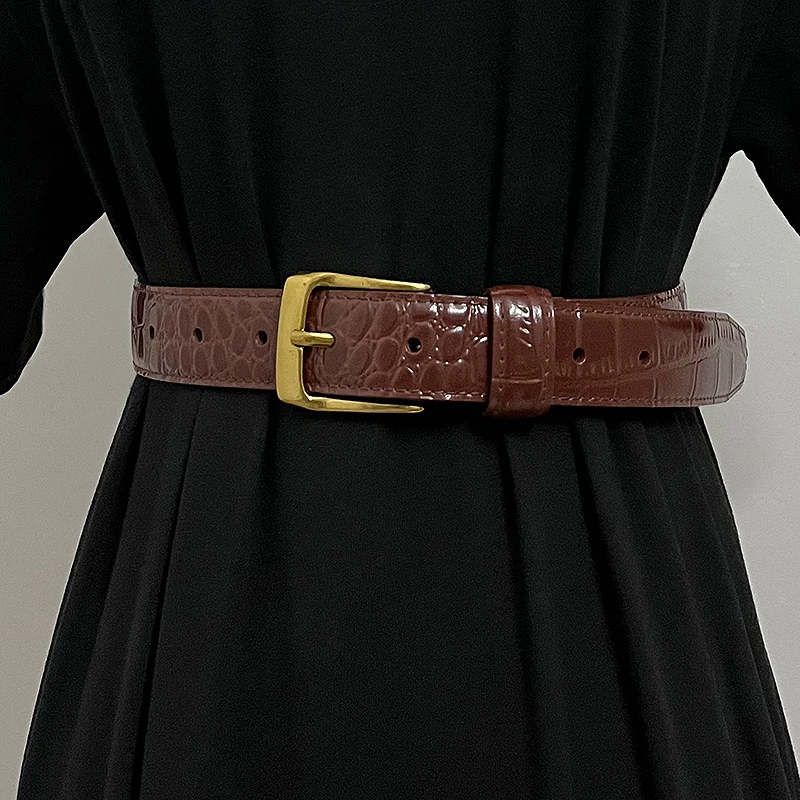 Vintage Stone Pattern Cow Leather Waist Belt for Women Brown Black Cowskin Jeans Strap Waistband 2022 Designer Female CInture