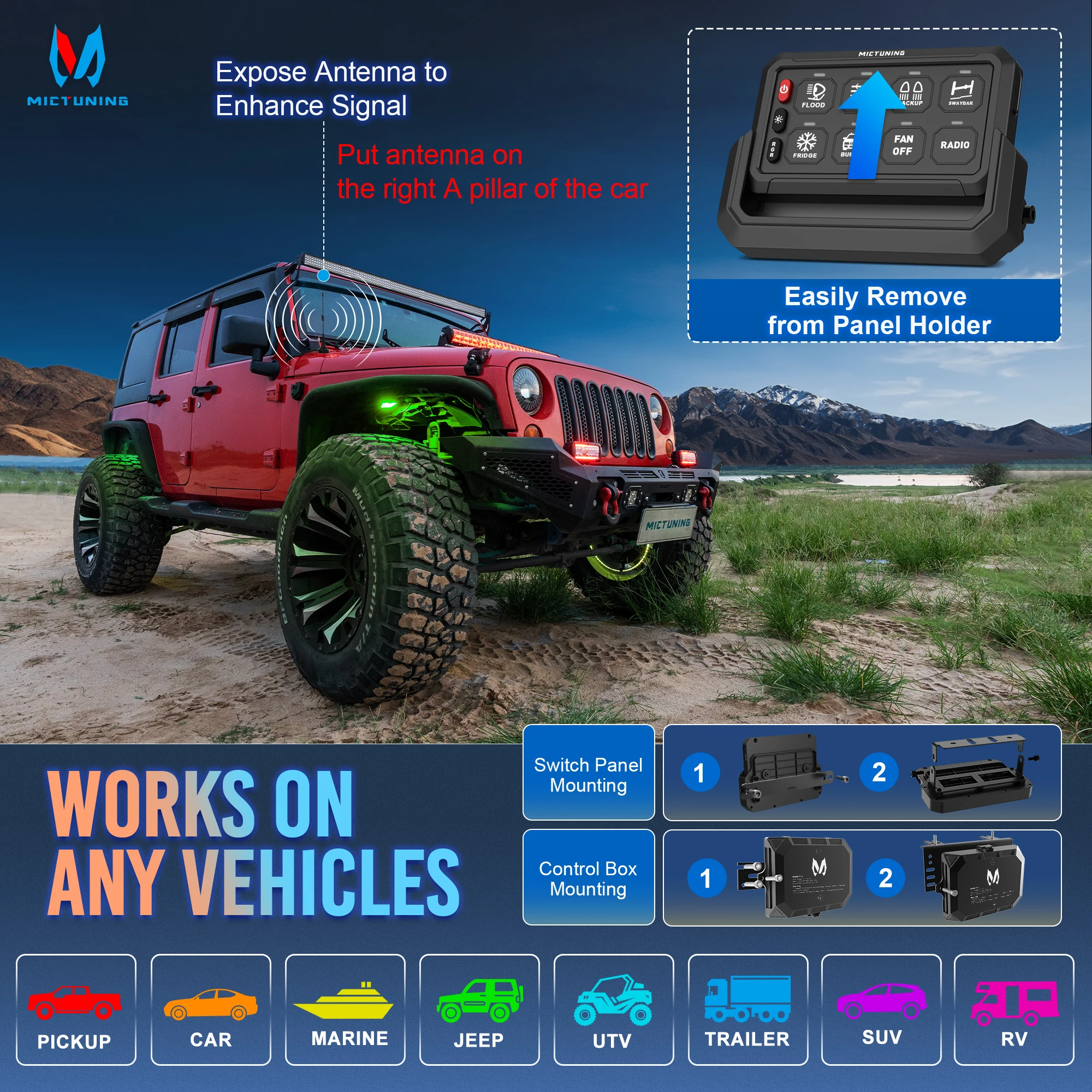 Панель переключателя MICTUNING RGB 8 каналов 12 В 24 беспроводная регулируемая яркость