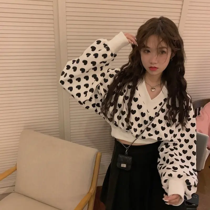 

New High-quality Short Sweater Girls Cute Print Harajuku V-neck Girls Street Dress Fashion Autumn Joker Long Sleeve Clothing