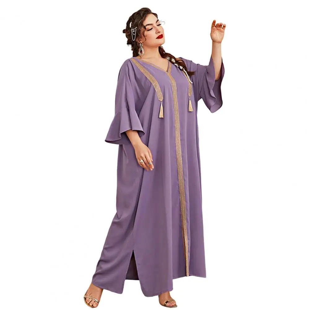 

Plus Size Maxi Dress Soft Texture Comfortable Women Dress Ethnic Style Embroidery Stitching Edge A-Line Maxi Dress