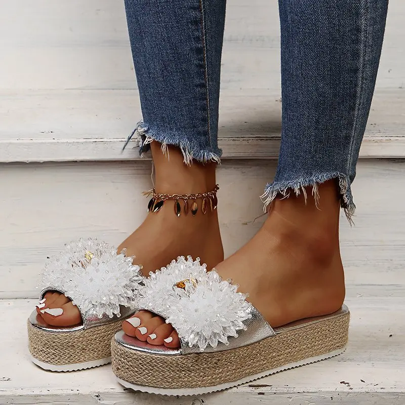 

2022 New Summer Women's Thick-soled Slippers Beaded Summer Beach Open-toed Slippers Women's Casual Shoes Plus Size Women's Shoes