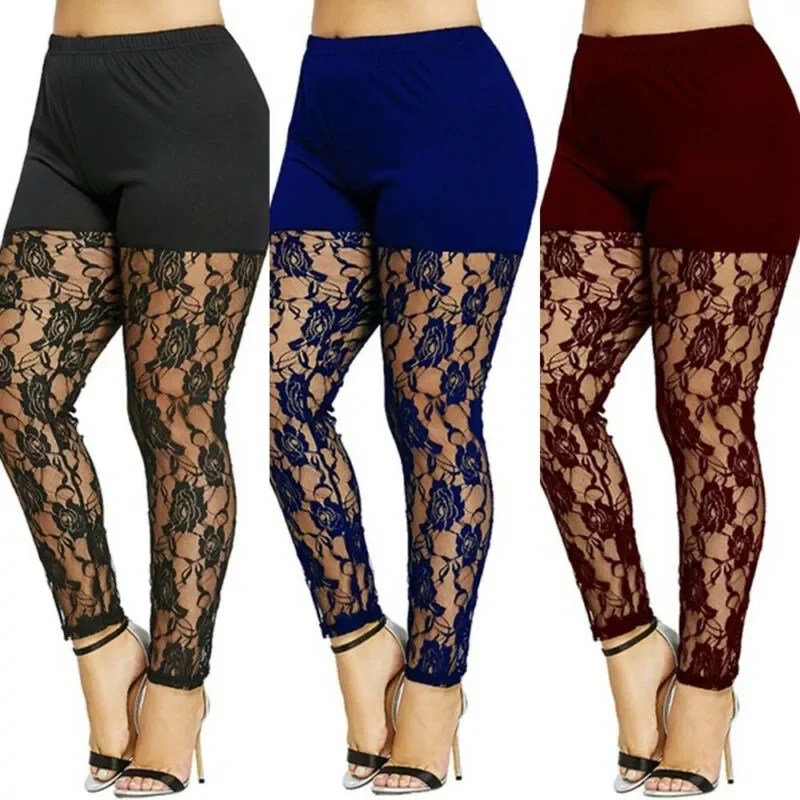 

2022New Women Casual Skinny Pants Leggings Fashion Patchwork Print Mesh Elastic Waist Full Pencil Leggings Plus Size US
