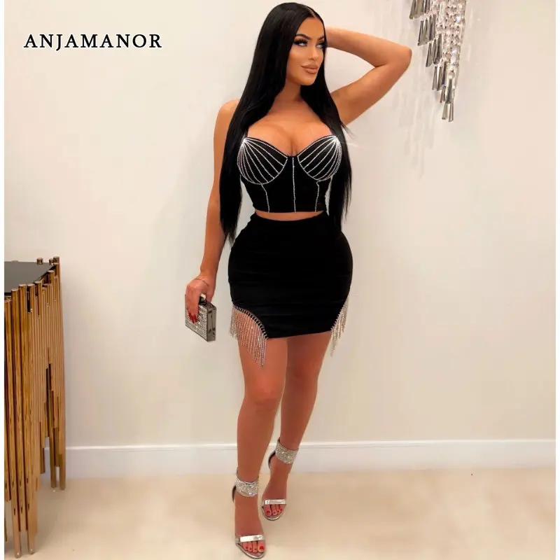 

ANJAMANOR Rhinestone Fringe Sexy 2 Piece Short Sets Night Club Birthday Outfits Women Dress New In Matching Skirt Sets D35-EF23