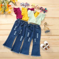 Baby Set Solid Color V-Neck Crop Tops + Hole Denim Jeans + Headband 3PCS Girls Clothing Sets Kids Outfit