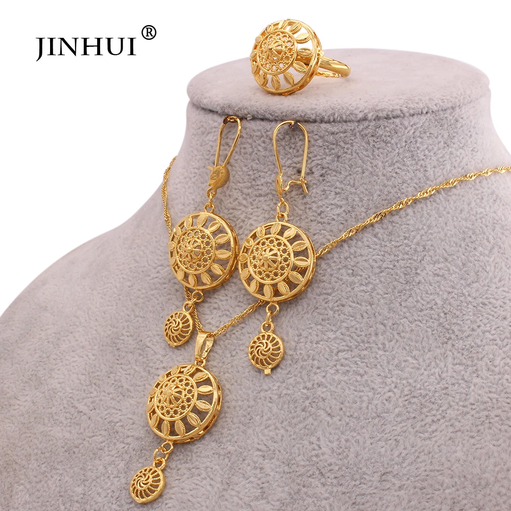 

jewelery set for women gold plated necklace earrings round Pendant ring Africa Nigerian bridal luxury wedding party gift