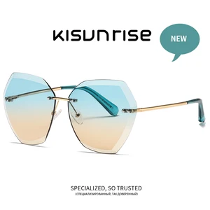 Kisunrise Sunglasses For Women Cat Eye Rimless Diamond Cutting Lens Brand Designer Fashion Shades Su in Pakistan