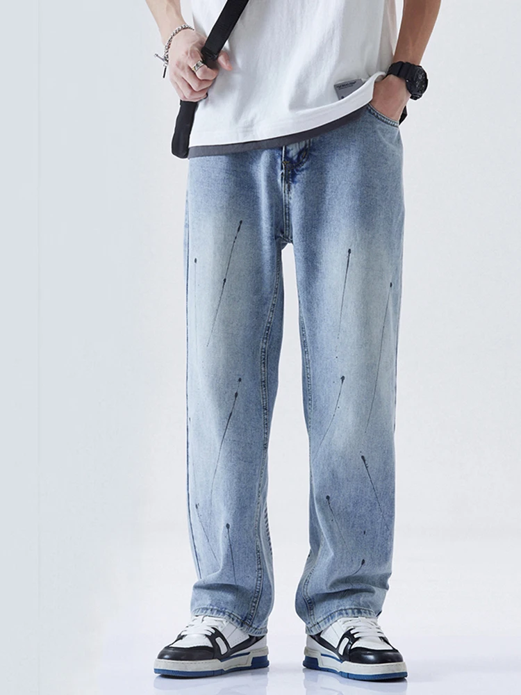 Four Seasons Men Jeans High Street Fishbone Print Jeans Men Korean Trend Loose Straight Wide Leg Pants Ins Hot Sale Men Clothing