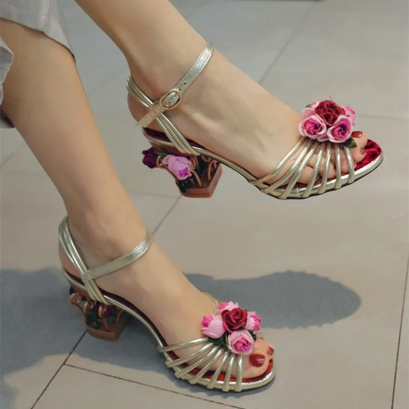 Vintage Flower Birdcage Women Sandals Hollowed High Heel Open Toe Sandal Ankle Strap Pumps Woman Dress Shoes
