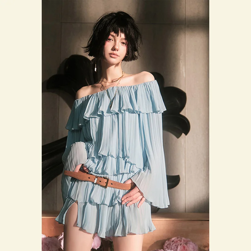 Super Immortal Seaside Holiday Chiffon Skirt with High Quality and Unique Beauty, Blue Off Shoulder Dress, Summer 2023