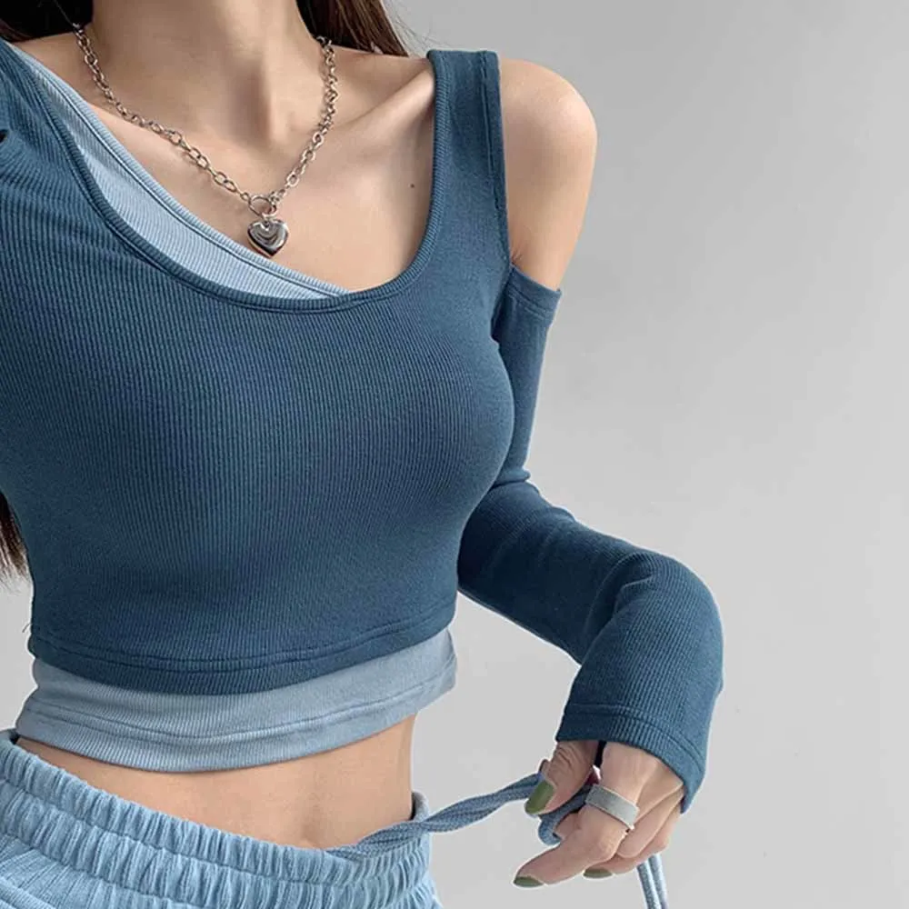 Футболка женская с длинным рукавом пикантный кроп-топ в стиле пэчворк модная