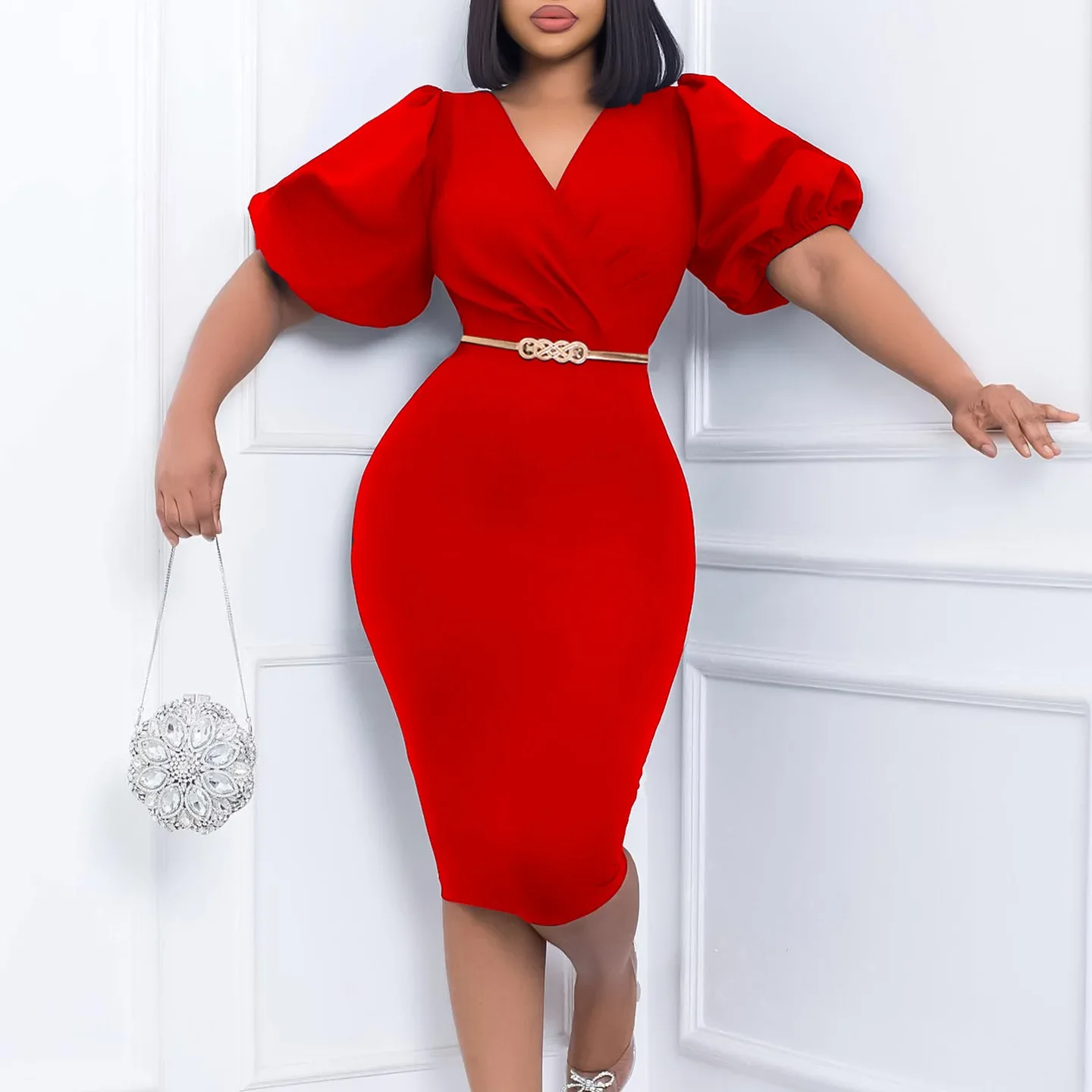 Prowow элегантное офисное женское платье миди пышное с короткими рукавами и