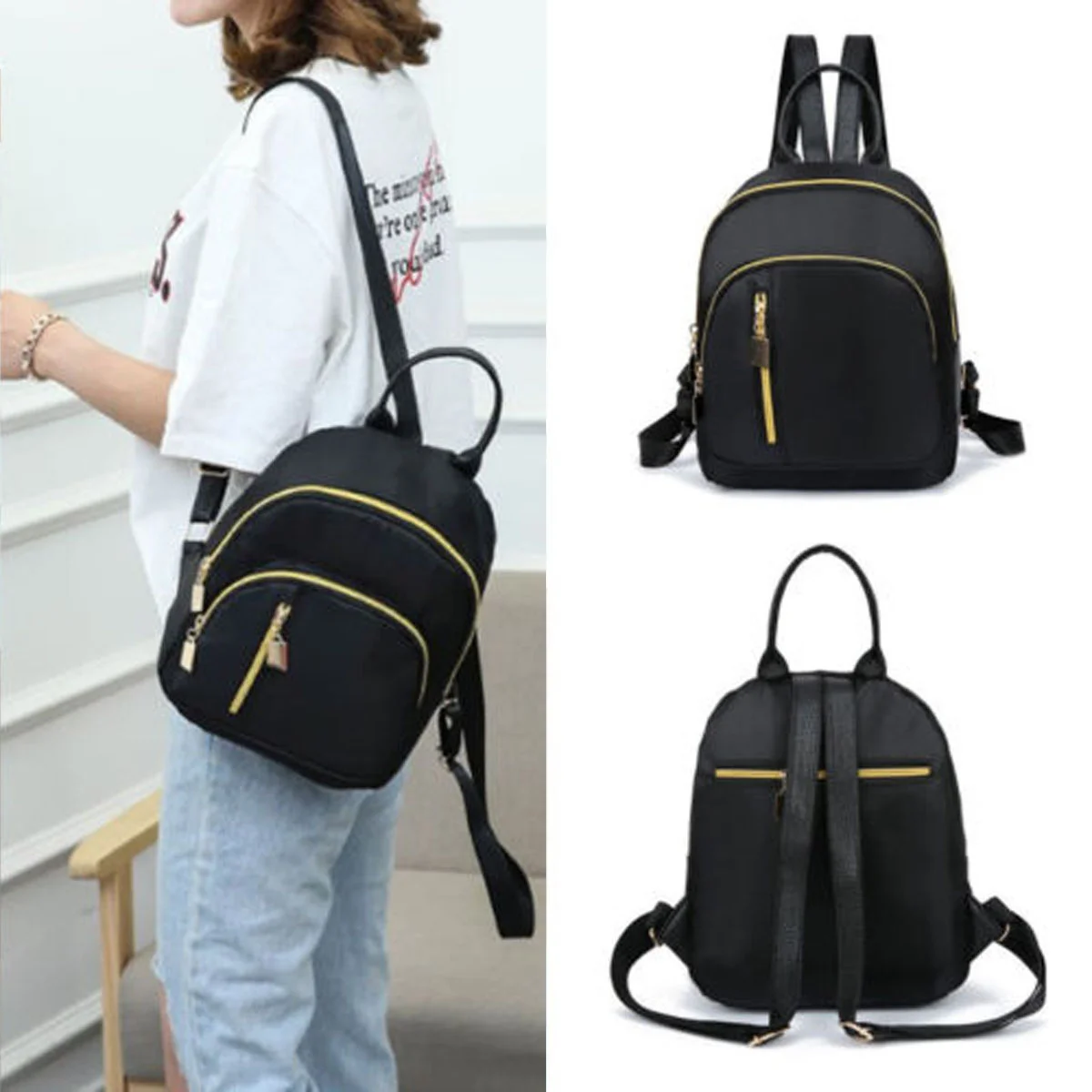 

New Women Girls Hot Black Nylon Mini Backpack Travel School Backpack Shoulder Bag Simple Solid Large Capacity Daily Pack