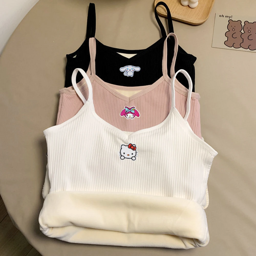 

Зимняя теплая Женская майка Sanrio, Hello Kitty, утепленный жилет, милый бархатный топ с аниме My Melody Cinnamoroll, сексуальный укороченный топ для студентов