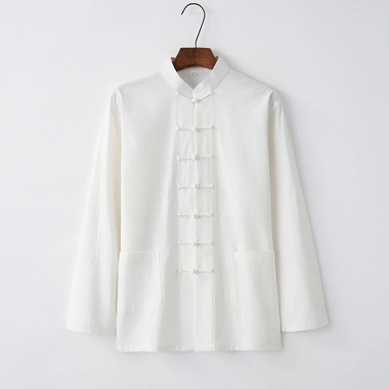 

Large Size Retro Cotton Linen Tang Suit Top Spring Men Long Sleeve Shirt Coat Classic Mandarin Collar Blouse Jacket with Pockets