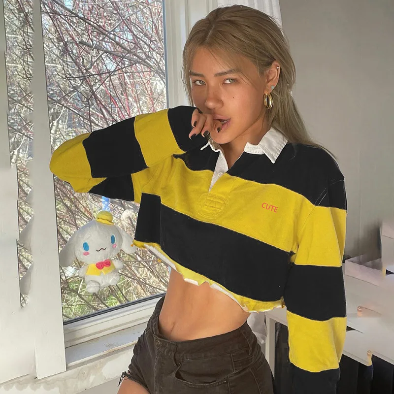 

Yellow Black Striped Cropped Sweatshirts Women Long Sleeve Turn Down Collar Pullover Tops Streetwear 2022 autumn Sweat Shirts