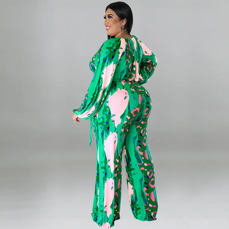 Plus Size Women 5xl Jumpsuit V Nexk Print One Piece Outfit Sexy Fashion Wide Leg Pant Lady Club Fall Belt Wholesale Clothes