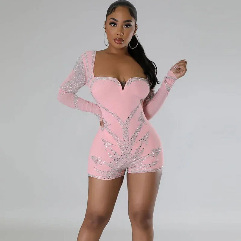 

Znaiml Elegant Long Sleeve Playsuit Nightclub Rompers Birthday Outfits Woman Sparkly Diamonds Rhinestone Short Jumpsuits Luxury