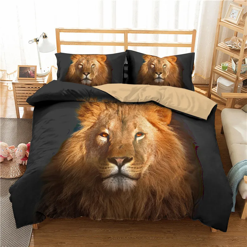 

Lion Duvet Cover Set King/queen Size,Microfiber Wild Animal Print 3D Bedding Set,Brown Lion Soft Quilt Cover,2 Pillowcases,black