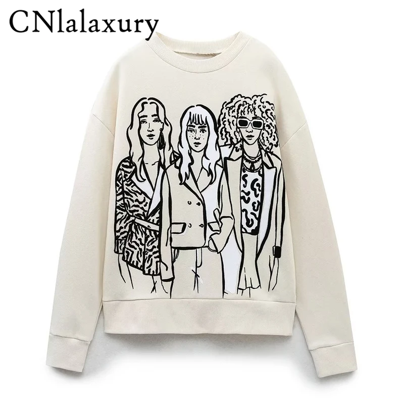 

CNlalaxury 2023 Autumn Winter Women Printed Padded Sweatshirt Casual Crew Neck Long Sleeve Pullover Fashion O-collar Sudaderas
