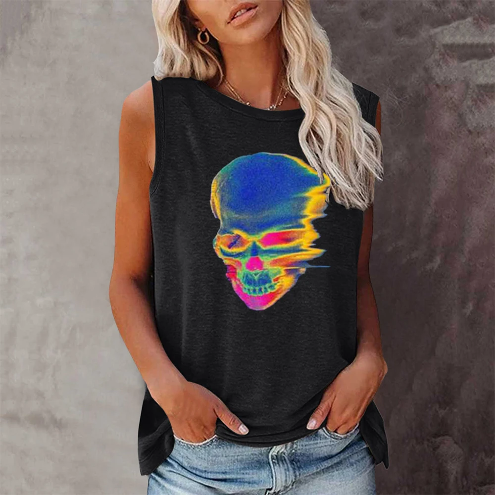 

Seeyoushy Funny Colorful Skull Print Women T Shirt New Summer Sleeveless Graphic T Shirt 90s Girls Tee Top Aesthetic Top Clothes