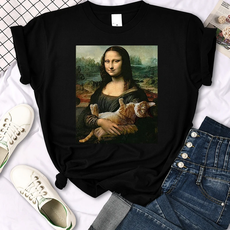 

Women's T-shirt Black White Tops Y2k Streetwear Ladies Short Sleeve Tees Cute Cat Graphic T Shirts Blouses Woman Female Clothing