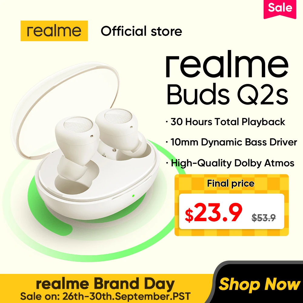  realme Buds Q2s Bluetooth Headphones 30 Hours Total Playback 10mm Dynamic Bass Driver AI ENC Noise Cancellation for Calls 