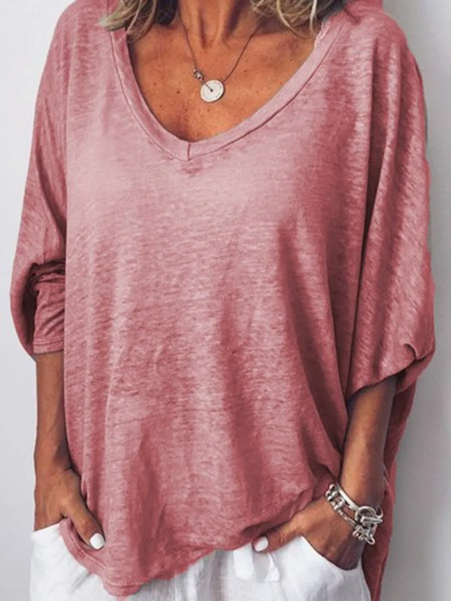 

Women Beach Heart V Neck Batwing T Shirt Casual White Grey Pink Loose Tops Solid Color Vintage Women Clothing Camisas