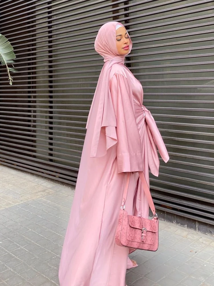 Ramadan White Satin Abaya 3 Piece Set Hijab Muslim Dress Women Kaftan Evening Dresses Dubai Turkey Fashion Islamic Clothing Sets images - 6