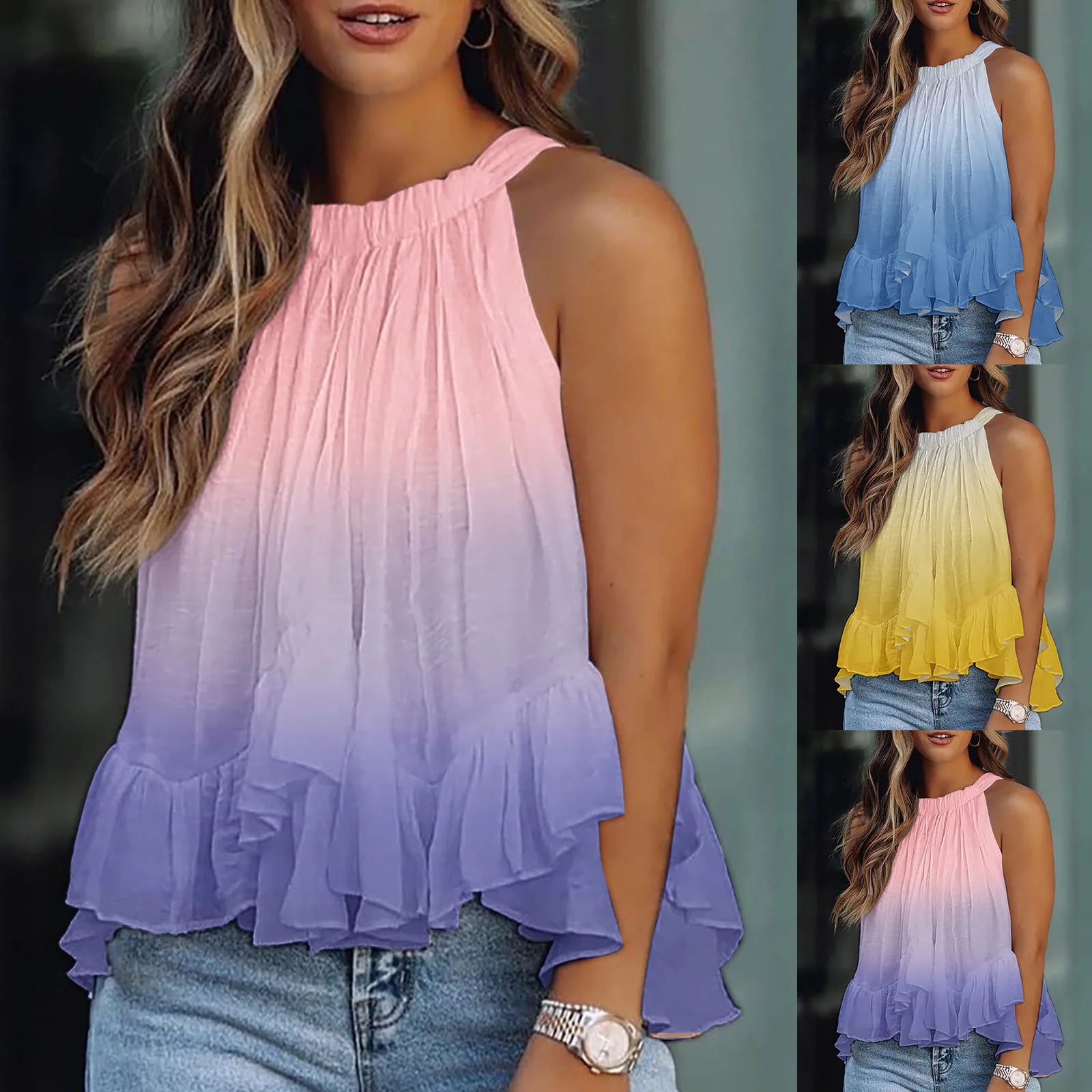 

Halter Blouse For Women Elegant Tie-dye Print Sleeveless Shirts Tank Top Ruffle Tail Blouses Summer Flowy Tunic Shirts Vests