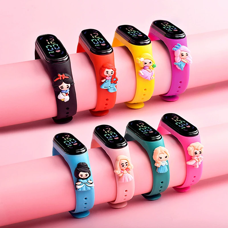 

New Anime Disney Princess LED Watch Cute Outdoor Sports Electronic Watch Snow White Rapunzel Cinderella Kids Puzzle Toys Gifts