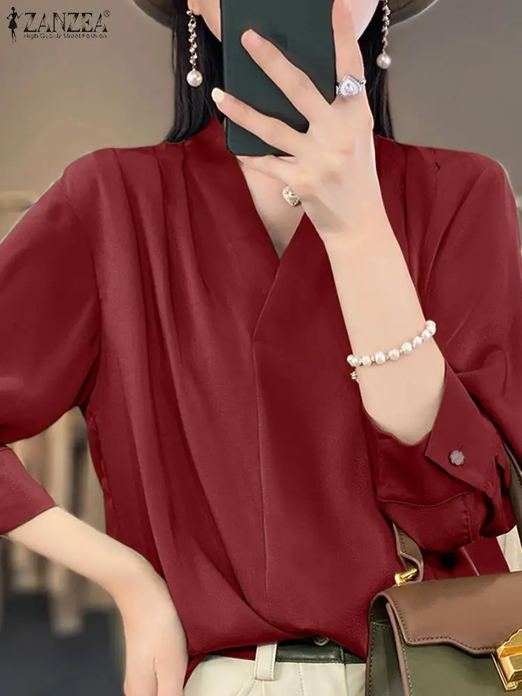 

Autumn V Neck 3/4 Sleeve Shirt ZANZEA Women Elegant OL Satin Blouse Fashion Casual Office Work Tops Female Solid Blusas Chemise