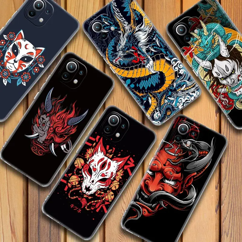 

Oni Mask Samurai Dragon Tattoo Clear Mi 12T Case For Xiaomi 11 10 9 Lite T 12 13 Note 10 Back Cover Poco M3 F3 X3 M4 Pro M5 Case