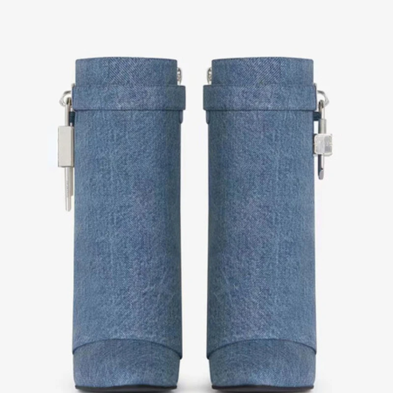 2023 Spring and Autumn Oversized Jeans Pipe Boots Metal Lock Blue Boots with Diamond Round Toe High Heel Boots Mid Sleeve Boots