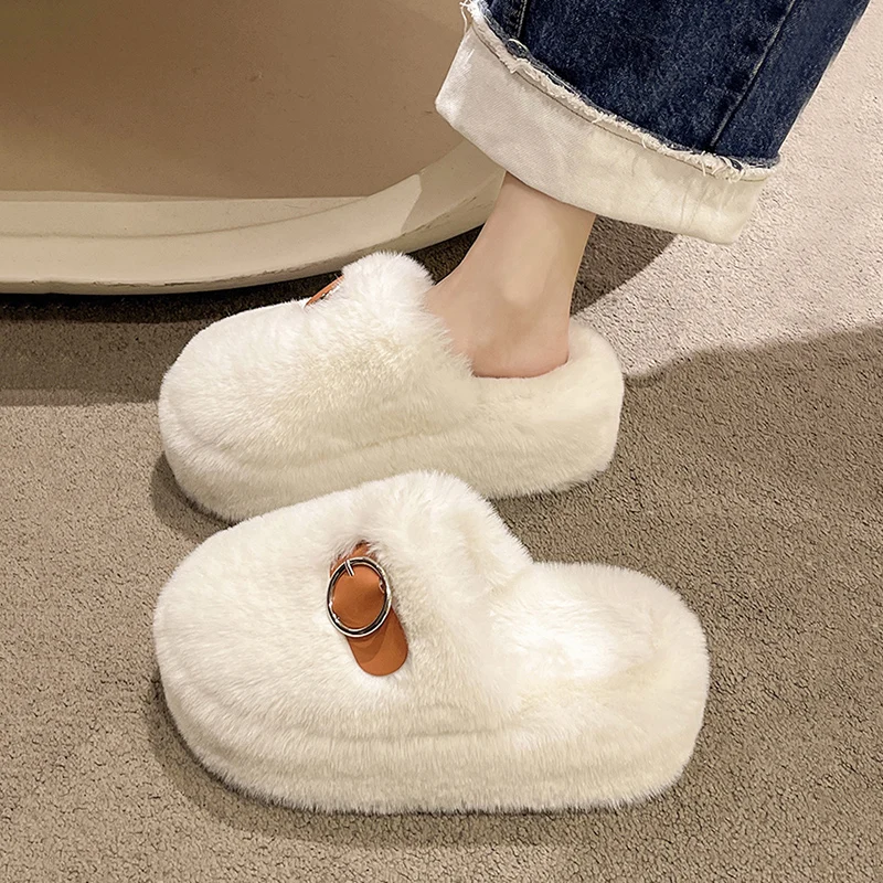 

Flock Shoes Woman 2022 Med House Slippers Platform Cover Toe Fur Flip Flops Pantofle Flat Massage Plush New Slides Rome Fabric
