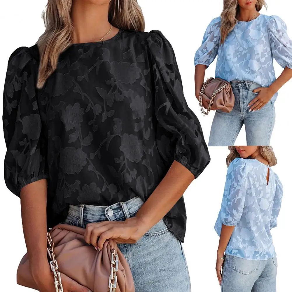

Women Blouse Half Sleeve Breathable Casual Floral Print Puff Sleeve Chiffon Blouse Shirt for Daily Wear