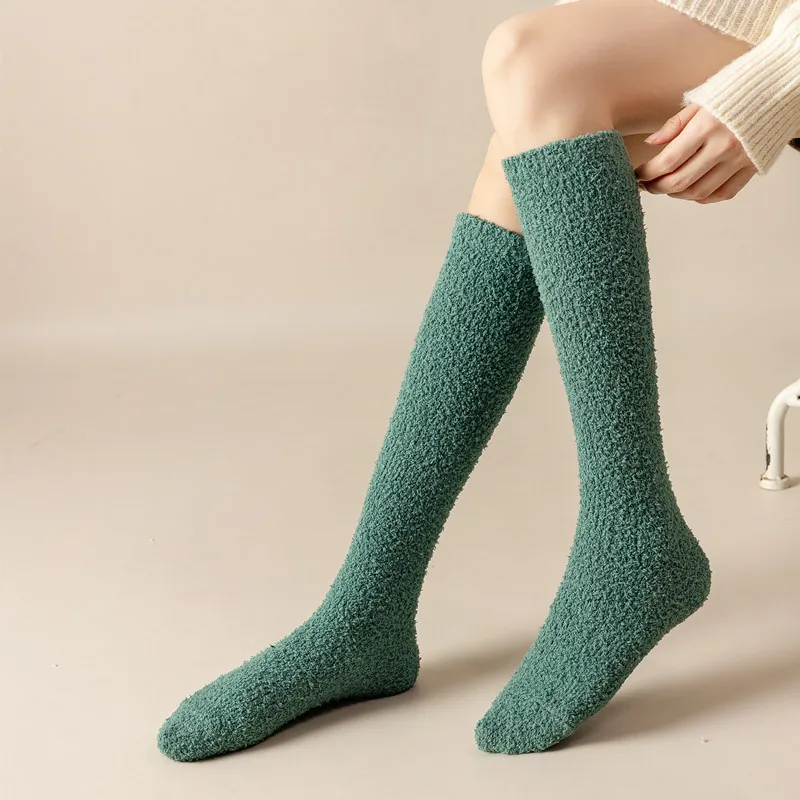 Long Winter Socks Women Solid Color Warm Coral Fleece Plush Sleep Floor Socking Thick Soft High Sock Hosiery Student Socken Girl