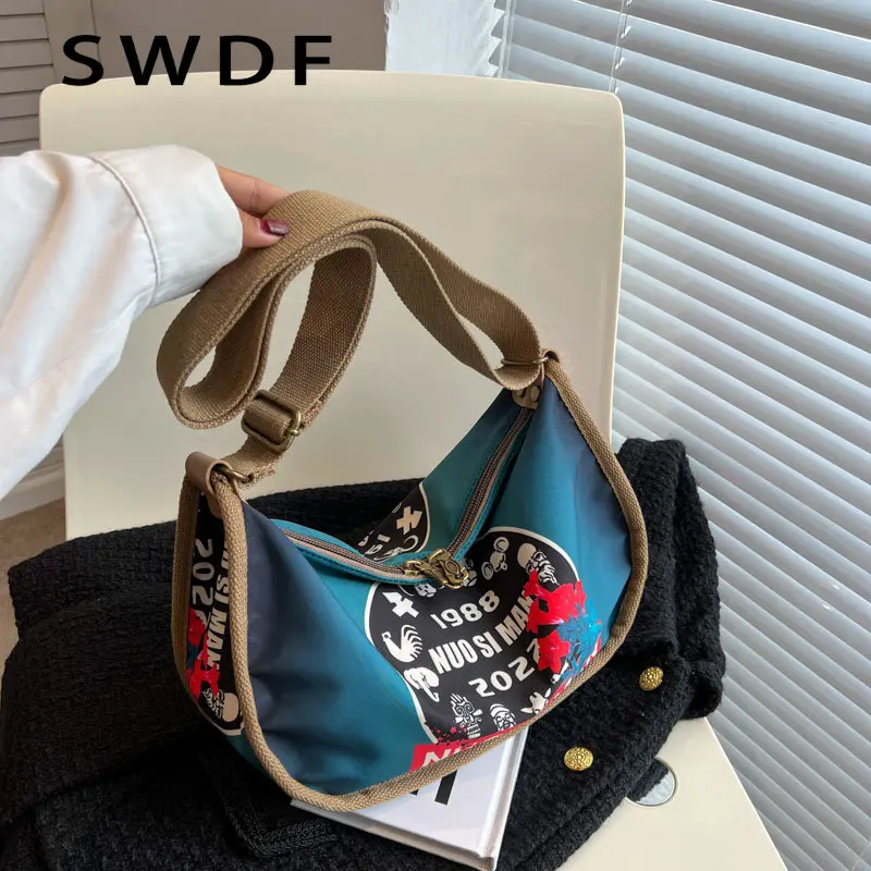 

SWDF Casual Canvas Women Shoulder Bags Printing Design Large Crossbody Bag Vintage Handbag Fashion Tote Bag Simple Shopper Purse